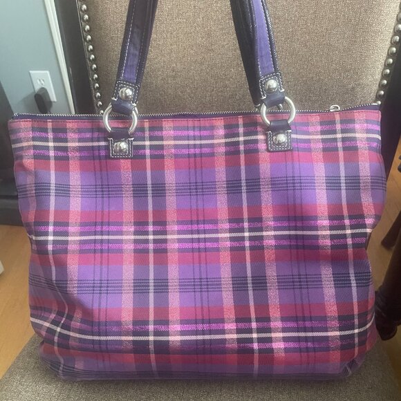 COACH Poppy Plaid Glam Tote Purple red Patent leather trim Bag - Picture 4 of 14